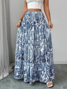 Selianne 女士波西米亚印花半身裙，休闲日常度假款，春夏款 - 藍色 - 查看 1