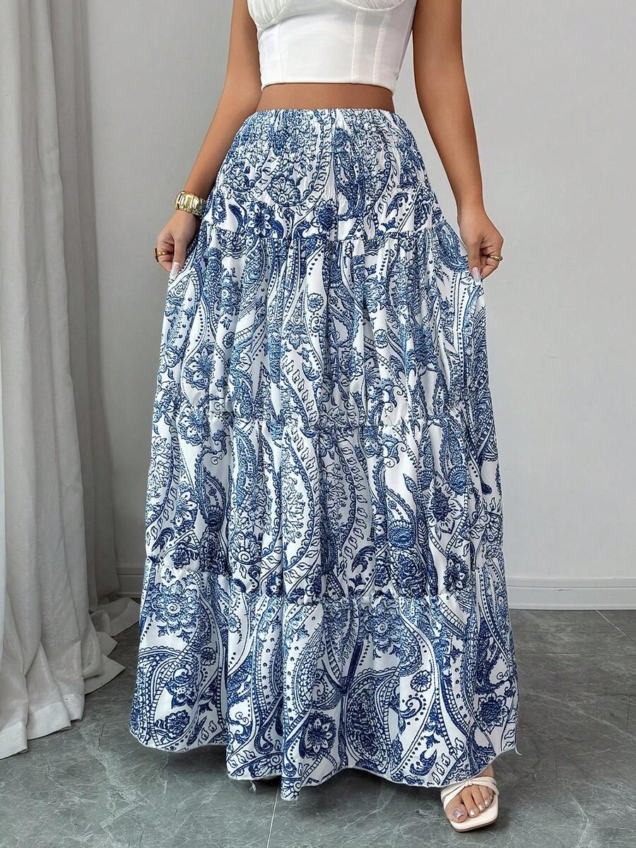 Selianne 女士波西米亚印花半身裙，休闲日常度假款，春夏款 - 藍色 - 查看 1