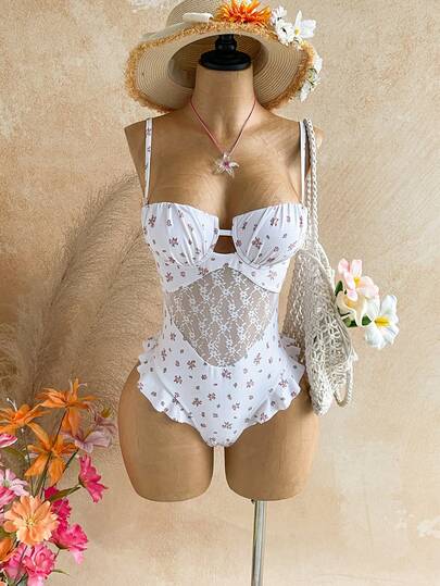 Soleia Beach Outfit For Women Summer Outfits  Vacation Outfits Women Flower White Women's Fashion Detachable Strap Mesh Patchwork Hollow Out One-Piece Swimsuit, Suitable For Beach Vacation