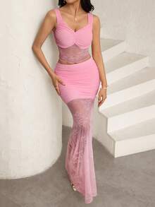 Modelyn 2pcs/Set Fashionable Elegant Rose Pink Lace Sexy Crop Top And Skirt Set, Spring/Summer Sexy Skirt Set Pink Skirt Set Skirt Two Piece Set Pink Two Piece - Pink - View 9
