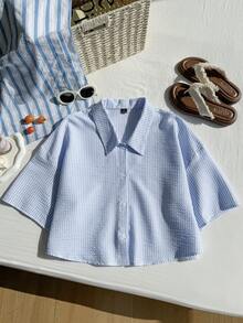 Comfortcana 大码女式条纹落肩单排扣休闲宽松衬衫 - 淺藍色 - 查看 3