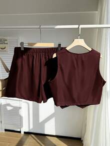 SHEIN EZwear 大码春夏休闲通勤纯色背心短裤套装，商务休闲女装毕业季、返校季、秋冬教师装 - 酒紅色 - 查看 9