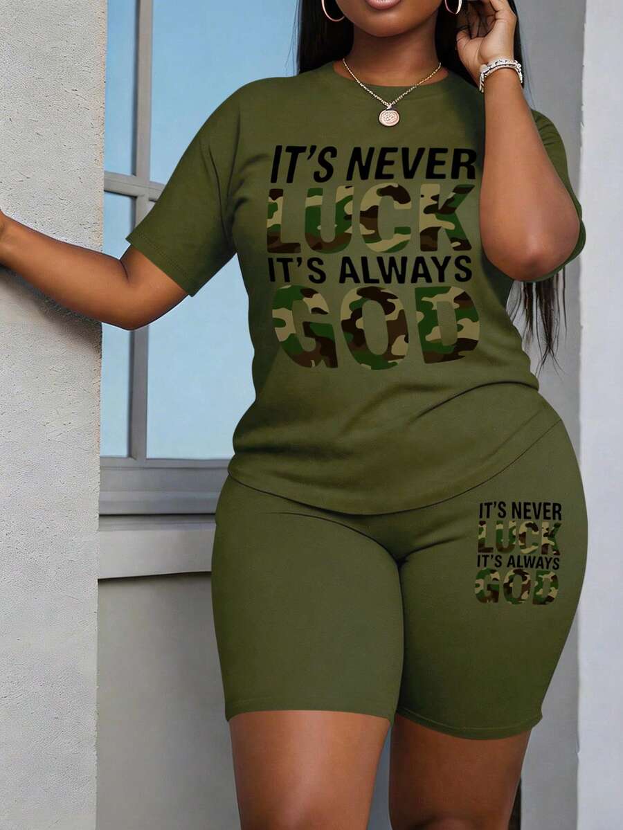 Maweii 大码女式字母印花短袖上衣和短裤休闲两件套 - 軍綠色 - 查看 1