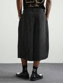 PAVTROS Men's Woven Casual Striped Loose Fit 7/8 Pants Japanese Pants Men Skirt Harajuku Pants Pinstripe Pants Men Baggy Wide Pants - Black - View 2