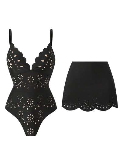 Swim Oasis Solid Color Hollow-Cut Spaghetti Strap Women's One-Piece Hollow Petal Hem Skirt High-End Set
