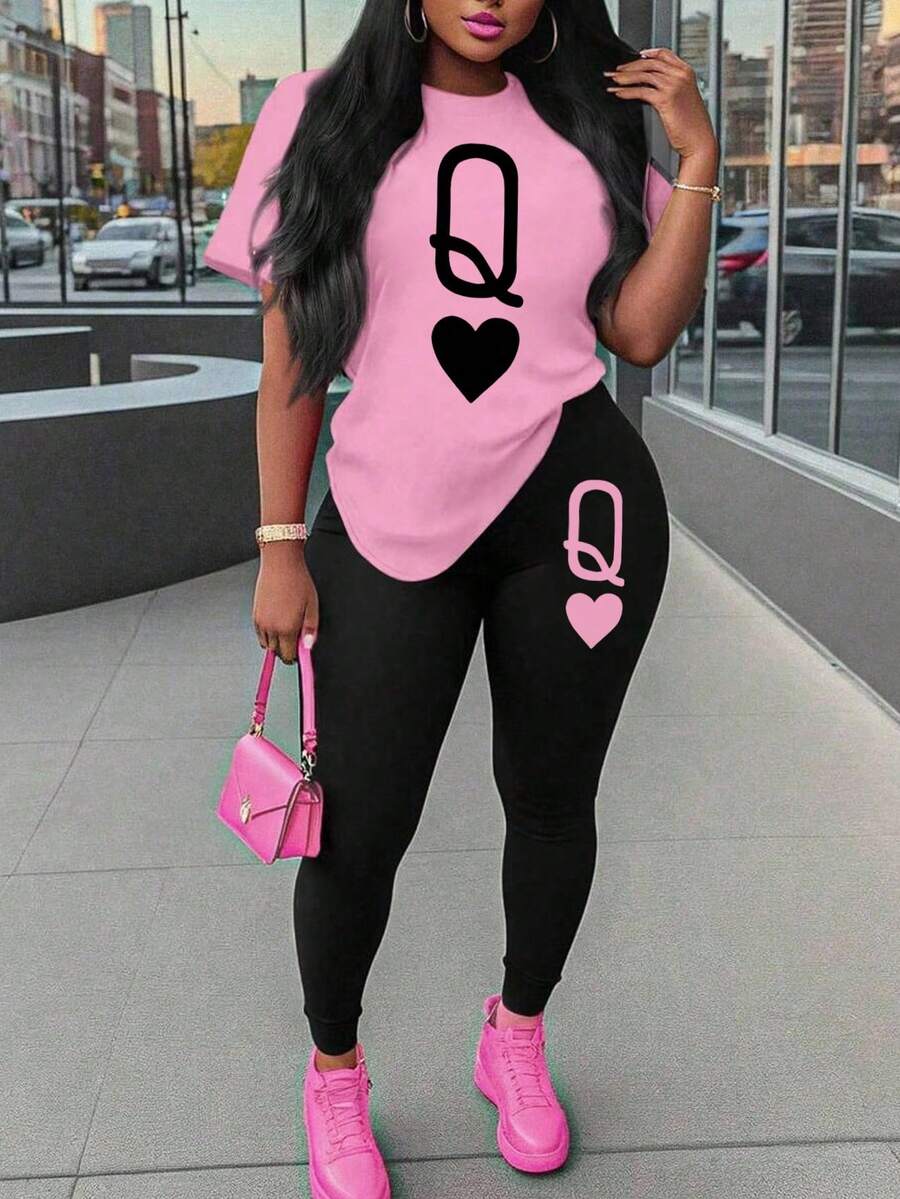 Maweii 女士爱心印花短袖上衣和打底裤休闲两件套 - 彩色 - 查看 1