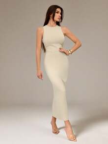 SHEIN Tall 杏色针织修身连衣裙，百搭休闲日常装，春夏款 - 米色 - 查看 5