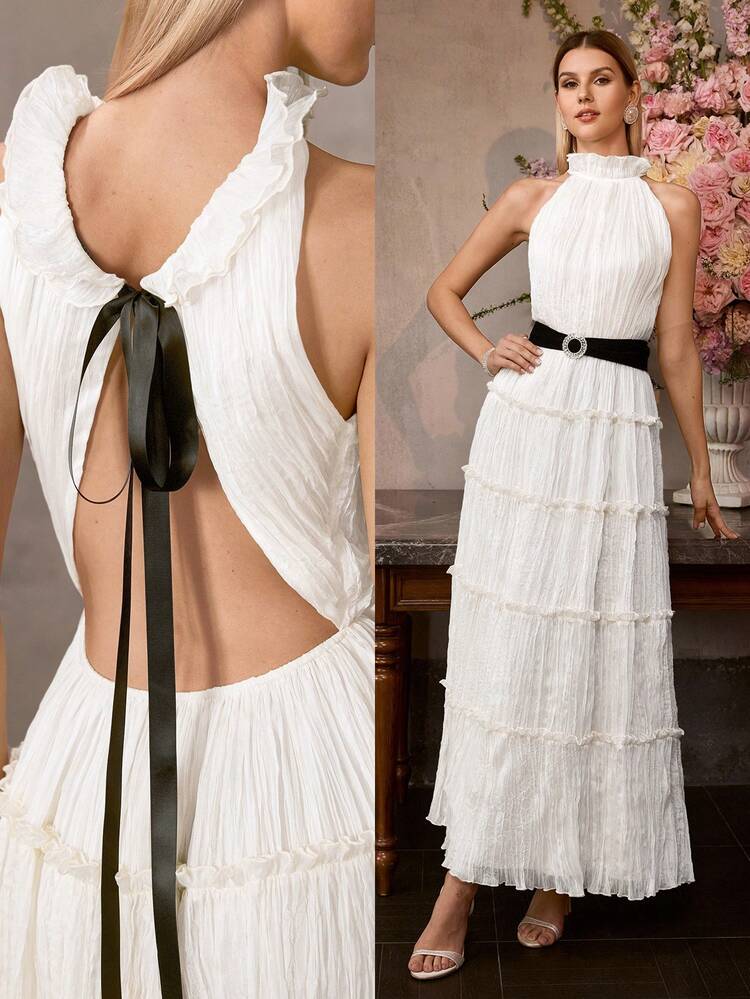 MOTF Soiréza WOMEN'S ELEGANT FLOOR-LENGTH FORMAL DRESS WITH RUFFLE NECKLINE, IDEAL FOR WEDDINGS, GALA DINNERS, CELEBRATIONS & FORMAL PARTIES