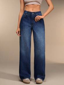 Women High-Rise Washed Detail Soft Touch Wide Leg Casual Denim Jeans - Dark Wash - View 3