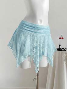 Comfortcana Women's Summer Solid Color Lace Asymmetric Hem Blue Skirt - Blue - View 3
