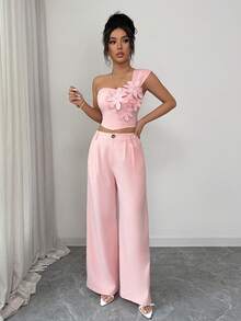 SHEIN Raffinéa 女士3D立体花卉装饰衬衫和阔腿裤休闲套装粉色两件套 女士两件套 女士优雅两件套春季套装 粉色连体裤 女士优雅两件套 女士套装 女士夏季套装 两件套 女士服装套装 - 粉色 - 查看 3