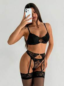 Aloruh 5pack Floral Embroidered Mesh Underwire Garter Lingerie Set - Black - View 7