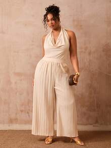 Veslaya Conjunto de 2 piezas de top de punto con cuello drapeado y cintura ajustada, y pantalones plisados de pierna ancha en color blanco, para mujer talla grande, ideal para festivales de música, Pascua, estilo bohemio, fiestas de cumpleaños, graduación, universidad, uso diario casual, vacaciones, cruceros, playa, tomar el sol, estilo viral, de invitada a boda, ir al trabajo, brunch, aeropuerto, eventos, elegantes banquetes, bailes y momentos relajados, primavera/verano 2026 - Albaricoque - Ver 9