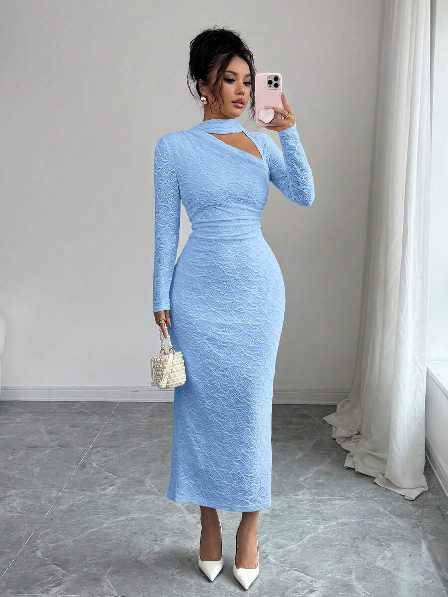 Elenzga Đầm dài dệt kim jacquard màu kem vàng phối cổ cho nữ, thích hợp dự tiệc hoặc các dịp trang trọng, mùa thu. - Màu xanh nhạt - Xem 1