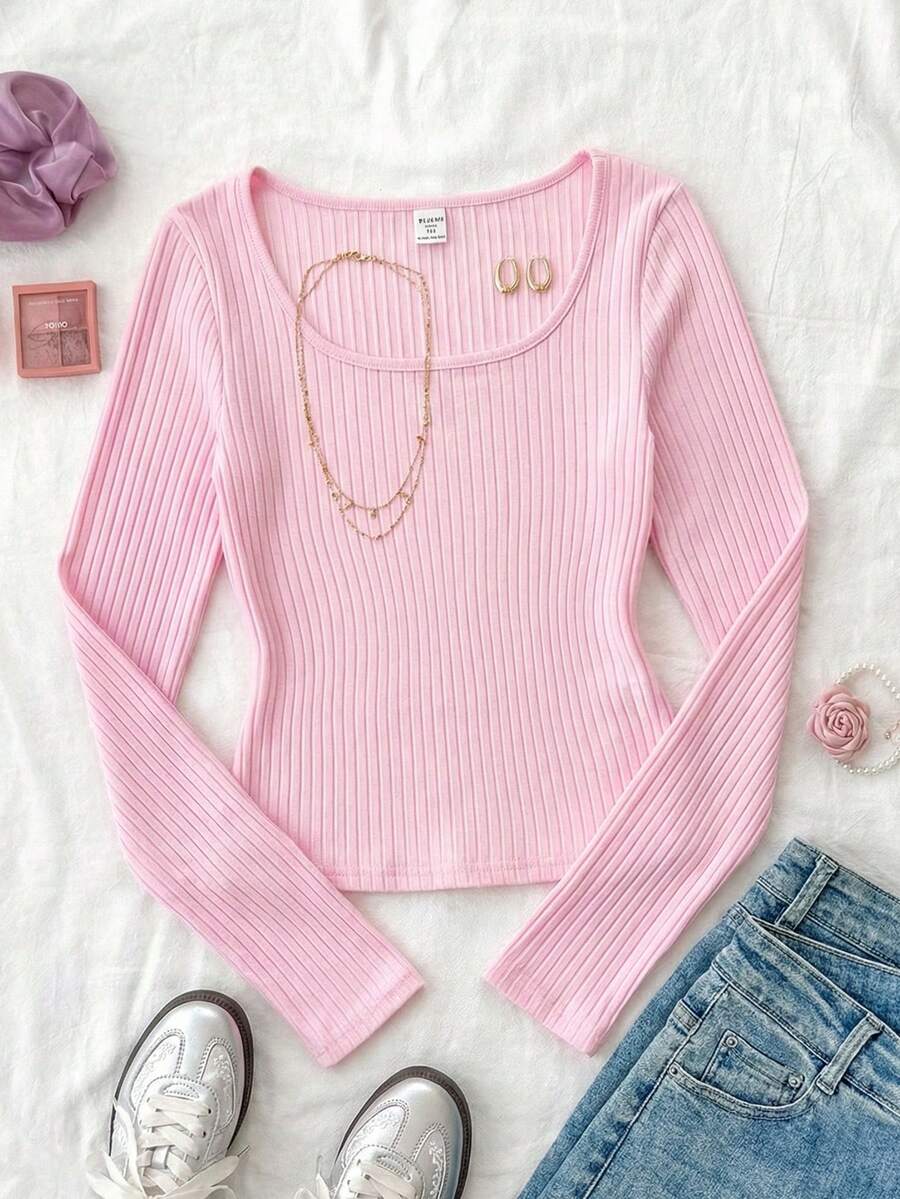 Tween 女童罗纹圆领弹力修身百搭长袖 T 恤，舒适 - 粉色 - 查看 1