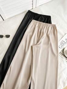 Sweetra Women's European And American Fashion New Summer Outfit, High-End Satin Glossy Black & White Waist-Slimming 2-Piece Set, Casual, Vacation, Commute, Versatile Pants - Multicolor - View 2