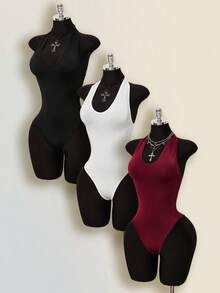 SHEIN ICON Áo liền thân nữ mùa hè kiểu dáng thường ngày, màu trơn, hở lưng, cổ yếm - Nhiều màu - Xem 5