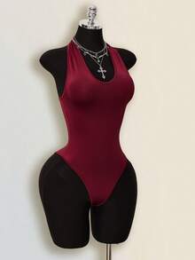 SHEIN ICON Áo liền thân nữ mùa hè kiểu dáng thường ngày, màu trơn, hở lưng, cổ yếm - Nhiều màu - Xem 13