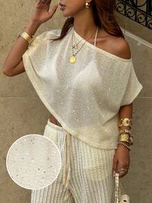 Siren Gaze 女士优雅休闲闪亮亮片透视针织露肩蝙蝠袖短袖宽松上衣，夏季海滩度假派对罩衫白色闪亮上衣奶油色两件套闪亮两件套网纱套装水钻上衣，夏季上衣女士度假套装闪亮套装女士夏季套装两件套女士夏季套装女士套装潮流套装闪亮魅力套装服装配饰时尚套装 - 杏色 - 查看 1