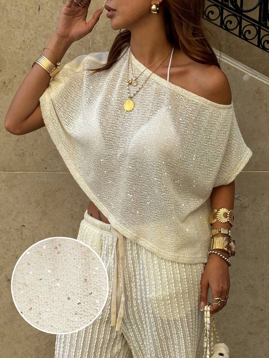 Siren Gaze 女士优雅休闲闪亮亮片透视针织露肩蝙蝠袖短袖宽松上衣，夏季海滩度假派对罩衫白色闪亮上衣奶油色两件套闪亮两件套网纱套装水钻上衣，夏季上衣女士度假套装闪亮套装女士夏季套装两件套女士夏季套装女士套装潮流套装闪亮魅力套装服装配饰时尚套装 - 杏色 - 查看 1