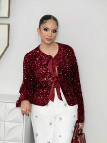 Melissa Matos 女士亮片系带派对衬衫，秋季闪亮上衣 - 酒紅色 - 查看 5