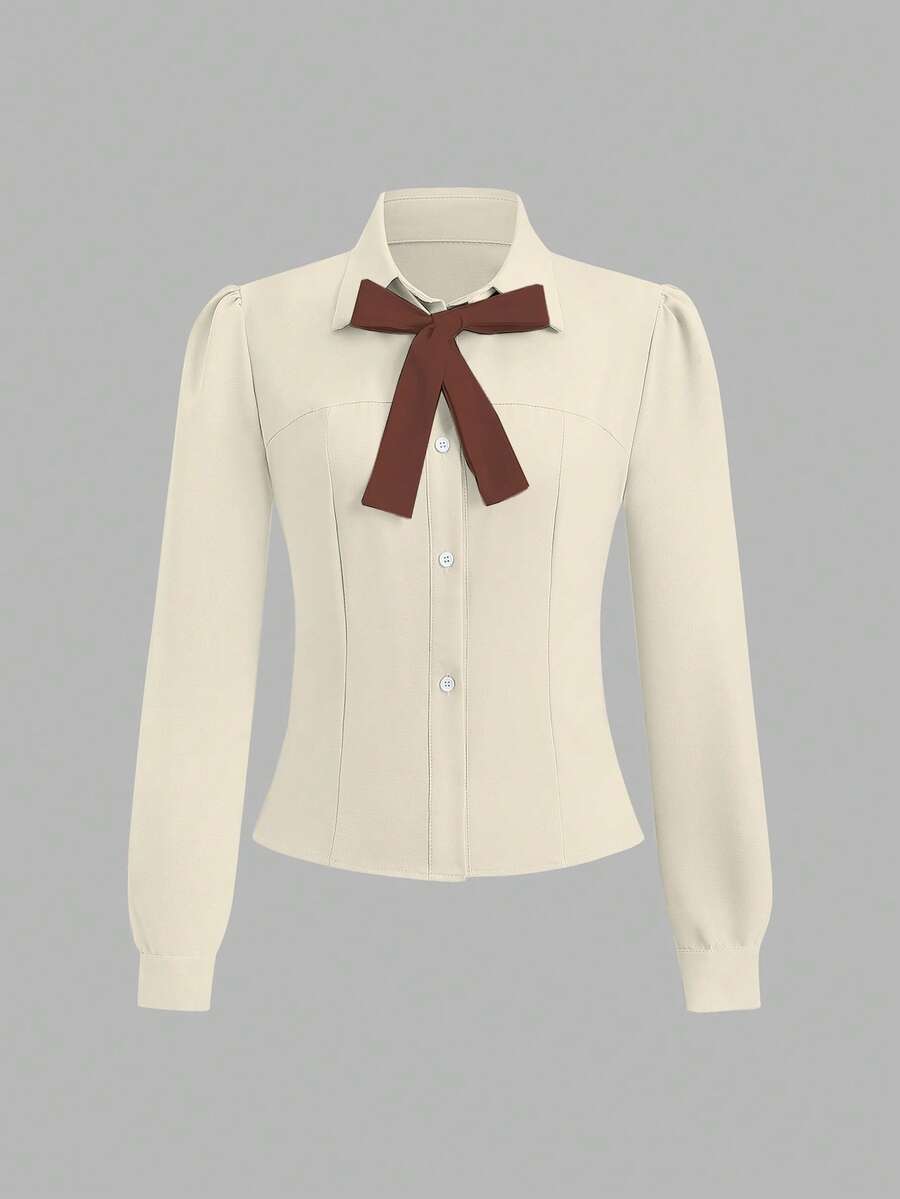 Sweetra Women's Long Sleeve Single-Breasted Shirt With Bow Decor - Apricot - View 1