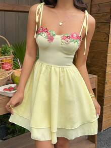 Sunnyshic 女士春夏法式优雅黄色花卉刺绣吊带裙 - 黃色 - 查看 5