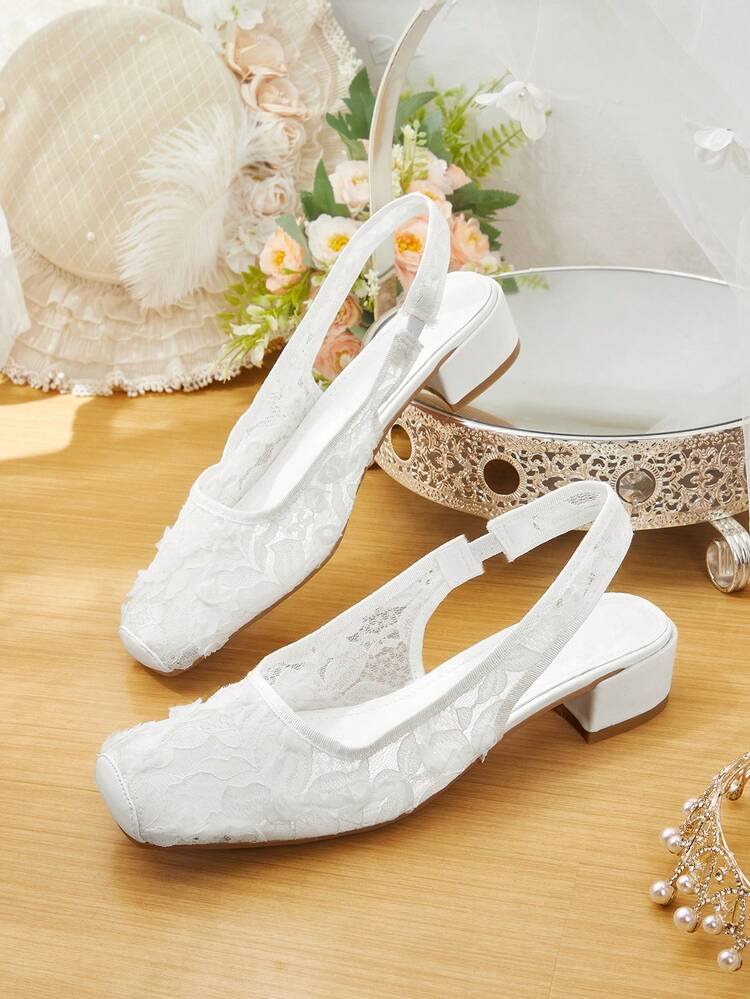 CUCCOO HITCHD Women's High Heels Square Toe White Flower Lace Wedding Elegance And Comfort Wedding Shoes Summer Shoes Bride Shoes