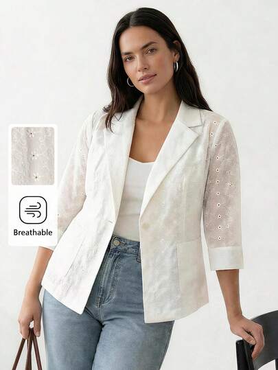 Juhart Chaqueta delgada con cuello de solapa bordada y hueca para mujer de talla grande