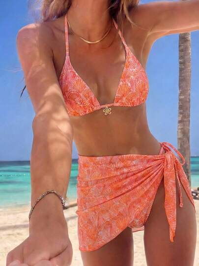 Swim Mod 3pcs/Set Summer Beach Vacation Floral Textured Fabric Gold Flower Decor Halter Top, Side Tie Swimwear Bottoms And Solid Color Mesh Skirt Beach Vacation Bikini Outfit