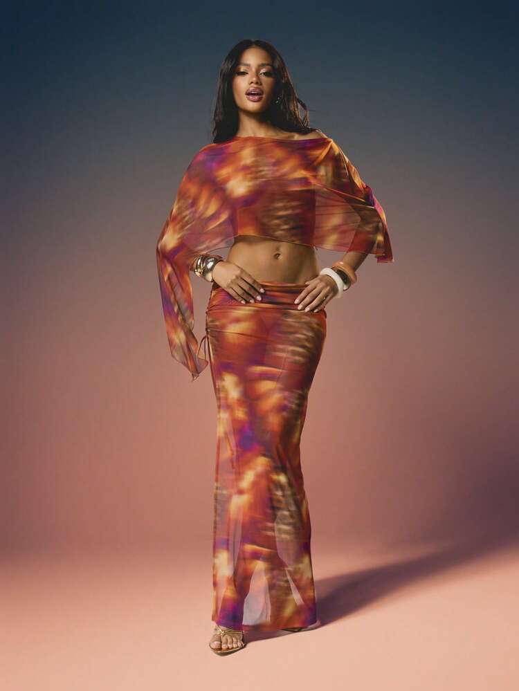 MISSGUIDED Women's Printed Side Split Maxi Skirt With Drawstring Tie Detail In Vibrant Abstract Pattern