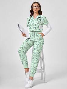 TaskEZ Leaf Plant Cartoon Print V-Neck Short Sleeve Pocket Hanging Ear Split Design Women 2-Piece Set, Spring/Summer Nurse Scrub, Pants Casual Suit, Scrub Set - Multicolor - View 3