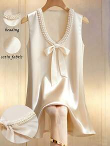 Franclia Women's Elegant Casual 2026 Spring/Summer Satin Pearl Collar Bow Loose Mini Dress - Champagne - View 1