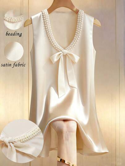 Franclia Women's Elegant Casual 2026 Spring/Summer Satin Pearl Collar Bow Loose Mini Dress
