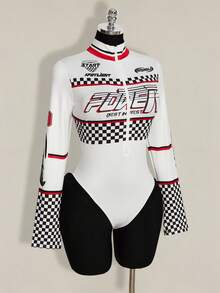 SHEIN ICON Áo liền thân cỡ lớn dành cho nữ, họa tiết kẻ caro kiểu xe đua, màu đỏ ôm sát. - trắng - Xem 4