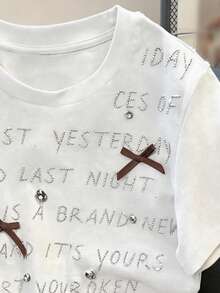 Resyla Rhinestone Letter Print Fashionable Minimalist Women's Regular Crew Neck Short Sleeve T-Shirt - White - View 3