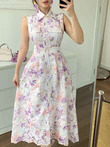 DAZY 女士优雅印花无袖中长连衣裙，带假口袋，夏季 - 淡紫色 - 查看 3