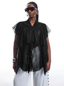 LYSMO Plus Size Women's Coffee Brown Ruffle Collar Button Front Mesh Splice Elegant Bohemian Style Blouse - Black - View 3