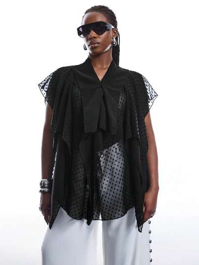 SHEIN EZwear Plus Size Women's Coffee Brown Ruffle Collar Button Front Mesh Splice Elegant Bohemian Style Blouse