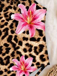 SHEIN 豹纹、芙蓉花、芙蓉花、海滩度假、#椰子女孩、适合夏季的少女休闲简约连体泳衣，公主风，小星星，少女泳装，浪漫度假 - 彩色 - 查看 5