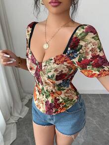 Pariaura Áo ngắn tay nữ tay ngắn, họa tiết hoa jacquard hình trái tim nhiều màu sắc, ôm eo, thích hợp cho kỳ nghỉ lãng mạn. - Nhiều màu - Xem 4