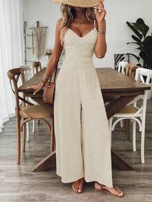 Breezaya Jumpsuit Wanita Model V-Neck Tanpa Punggung dengan Tali Pita, Merah Mawar, Musim Semi/Panas - Aprikot - View 6