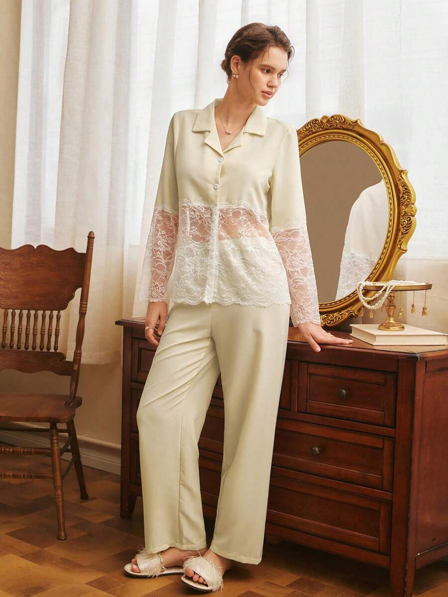 Côtesoire Southern France Mature Elegant Lace Hollow Bubble Crinkle Cardigan Women Pajama Set - Apricot - View 1
