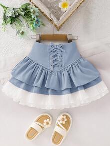 Young Girls Woven Solid Color Cross Straps Layered Cake Pressed Lace Trim Short Skirt,Back To School,Casual And Versatile, Ladylike, Sweet And Cool Girl,Young Girl Clothes, , Pairing White Shirt,Long Sleeve Tops,Cute Skirts,Back To School Season,Mom And Daughter & Sisters  Matching. Skirt With Leggings Girls Blue Kids 2 Piece Skirts 2piece For Girls Short Skirt Girl Light Blue Skirt Dusky Blue Skirts Girl,Kids - Baby Blue - View 3