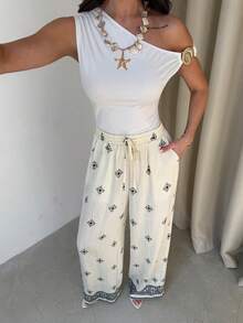 Firerie 女士优雅复古印花阔腿裤，适合度假穿着 - 黑與白 - 查看 5