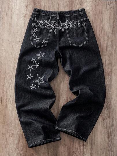 Manfinity Joysei بنطلون جينز رجالي فضفاض بقصة واسعة مطرز بنجمة على الجيب الخلفي، بطراز ملابس الشارع