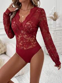 SHEIN Clasi 女士豹纹蕾丝V领长袖连体衣 - 紅色 - 查看 8