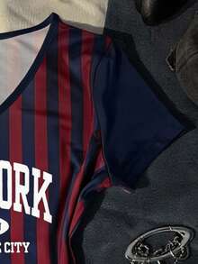 Glimmora 女士休闲条纹拼接字母印花T恤，夏季 - 彩色 - 查看 4