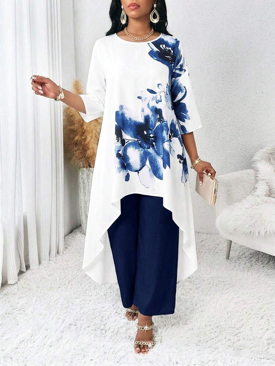 SHEIN Lady Plus Size Elegant Commuter Floral Print Long Top And Pants 2 Pieces Set - Multicolor - View 1