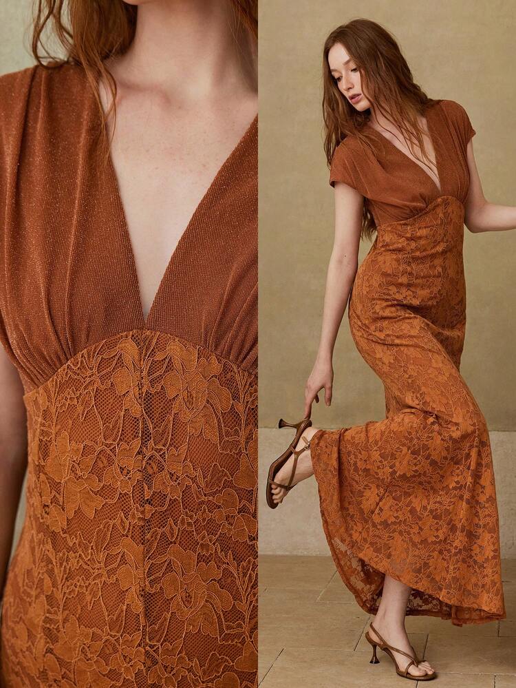 WOMEN'S ELASTIC KNIT FABRIC CONTRAST LACE ELEGANT DRESS, SPRING/SUMMER